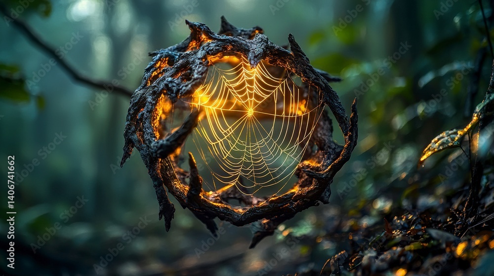 Poster glowing anansi silk threads weave mystical web in enchanted forest nature photography dynamic perspe