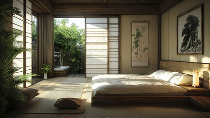 Fototapeta premium serene Japanese style bedroom with natural materials and soft lighting