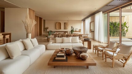 This spacious living area features neutral tones, natural materials, and large windows allowing ample light. Decorative elements include woven chairs, a wooden coffee table, and indoor plants