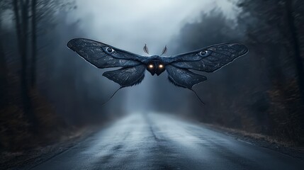 Mysterious black moth flying over rainy forest road enigmatic nature scene dark atmosphere dreamlike view