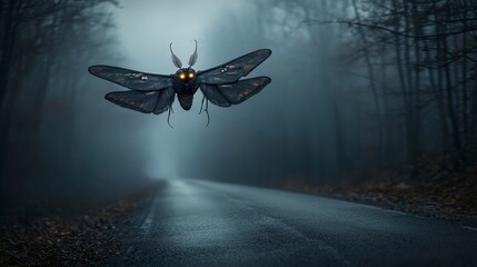 Mothman soars above deserted road at night mysterious creature eerie environment suspenseful viewpoint
