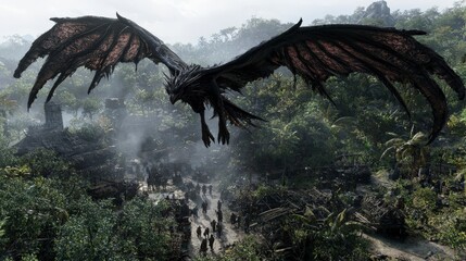 Fototapeta premium Epic moment popobawa descends from the sky tropical forest fantasy art dramatic landscape aerial view