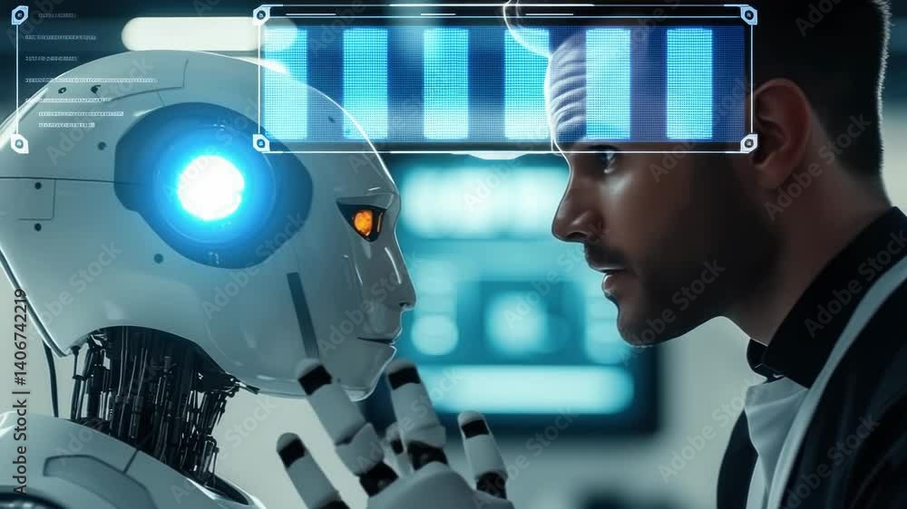 Poster human and humanoid robot facing each other in an advanced artificial intelligence research lab,symbo