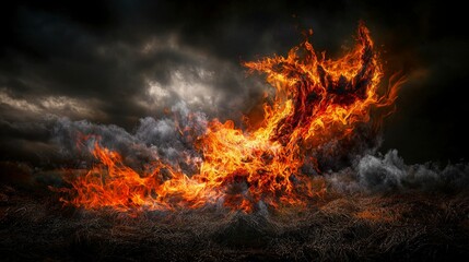 Baku hovering above fiery landscape dynamic action shot nature scene dramatic environment aerial view energy concept