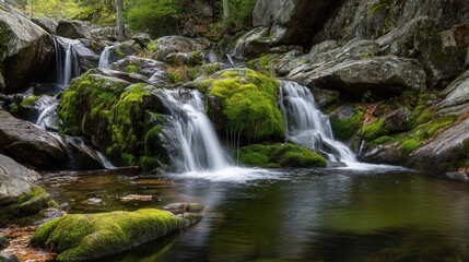A beautiful waterfall cascades over moss-covered rocks, creating a peaceful atmosphere in a serene forest. Crystal-clear water flows gently into a still pool, enhancing the natural beauty