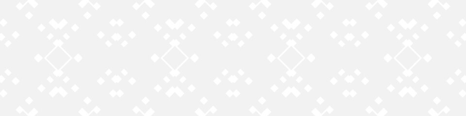 Seamless fashion pattern of squares and lines, geometric white figures for textile and wallpaper. Abstract panoramic ornament on gray background for New Year or wedding cover or postcard.