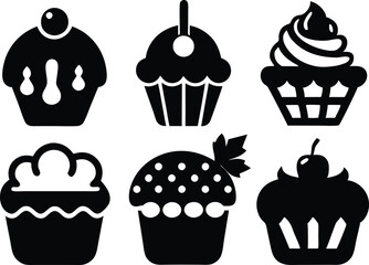 bakery and desserts silhouette icon bundle set, set of cakes, vector of bakery and desserts food set, set of cupcakes on white background.