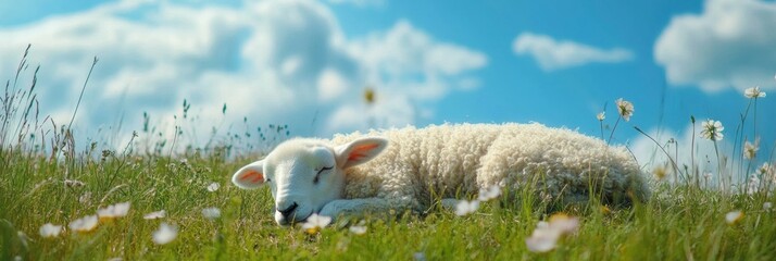 Fototapeta premium Soft sheep resting on a hill beneath a floral sky during a peaceful spring afternoon in Lapki