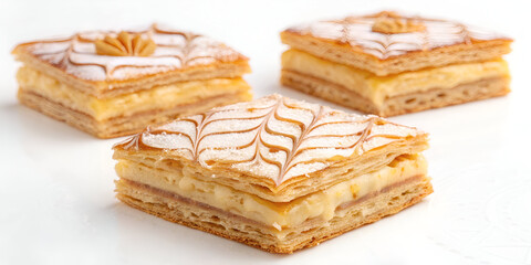 Moroccan mille feuille pastries close up isolated on white background
