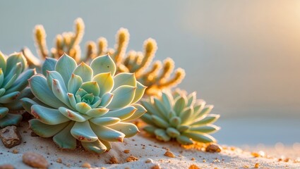 Fototapeta premium Desert succulents bathed in golden sunset light.