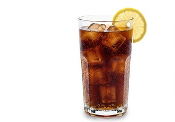 Glass of iced cola with lemon slice and ice cubes isolated on white background