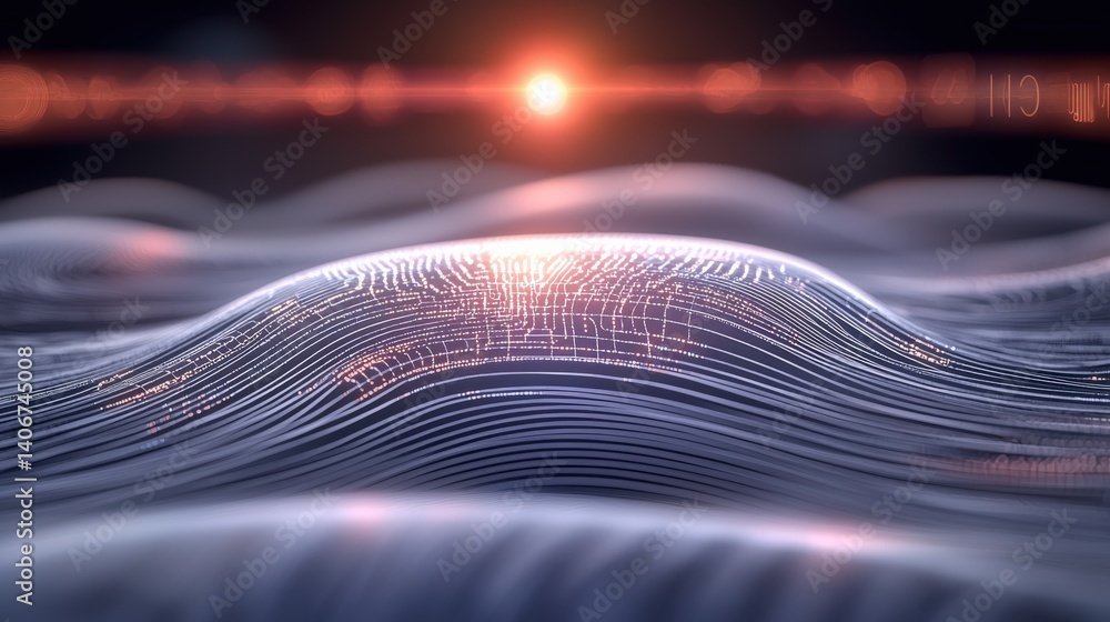 Poster exploring abstract waves of light and data digital realm visual art futuristic environment close-up 