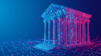 Obraz premium Neon Fintech Cityscape Neoclassical Bank In Virtual Reality, Symbolizing Digital Transformation