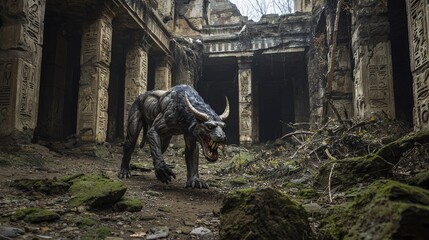 Overgrown temple jungle encountering mythical creatures among ancient ruins in dramatic digital art