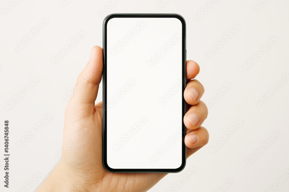 Poster Blank smartphone screen mockup in hand on light background for app design or branding presentation template. Ai generative.
