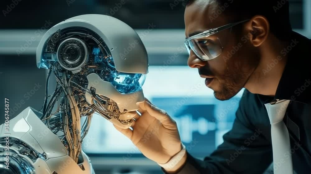 Poster human and humanoid robot facing each other in an advanced artificial intelligence research lab,symbo