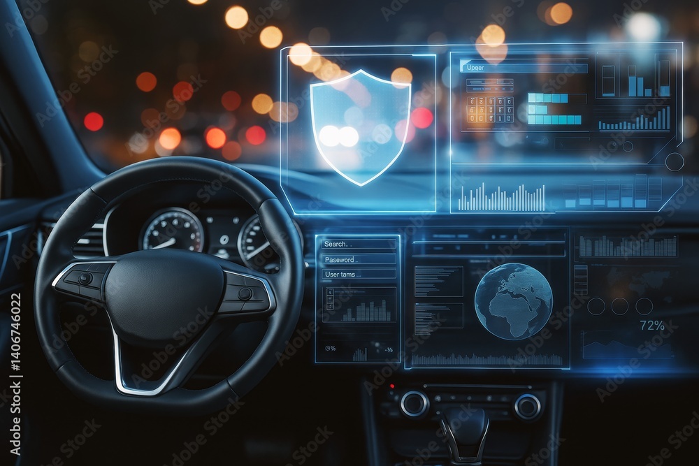 Poster futuristic car dashboard with digital interface and cybersecurity graphics on a night city light bac