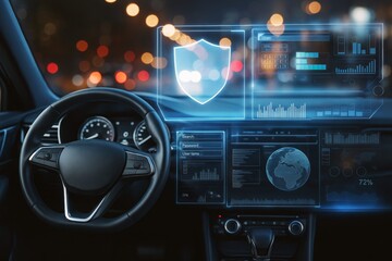 Futuristic car dashboard with digital interface and cybersecurity graphics on a night city light background, illustrating smart vehicle concept.