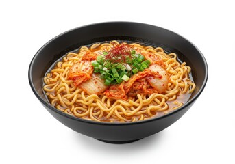 Spicy Korean kimchi ramen noodles with spring onion in bowl isolated on white background