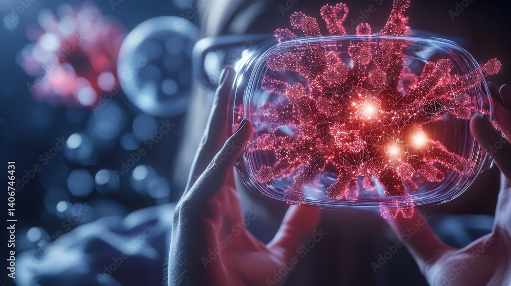 Poster exploring the impact of a virus on humanity scientific insights global context digital visualization