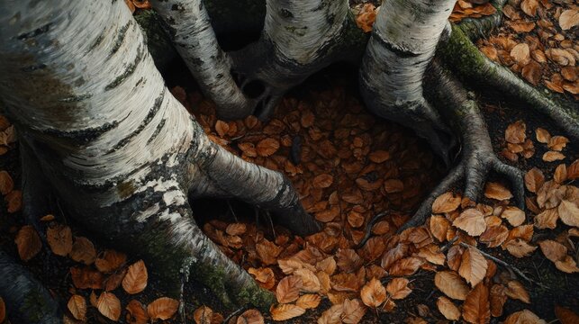Leaves nestled in the bowl of a mult trunked silver birtch tree in Borsdane Woods, Wigan, Greater Manchester