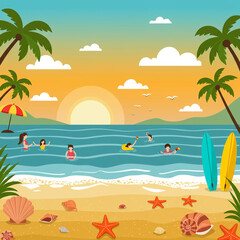 Obraz premium Flat style summer beach scene with ocean waves, palm trees, and people relaxing under the sunshine