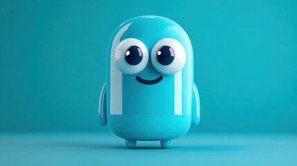 Obraz premium A cheerful cartoon character resembling a medicine pill, with large eyes and a friendly smile, set against a vibrant blue background. illustration