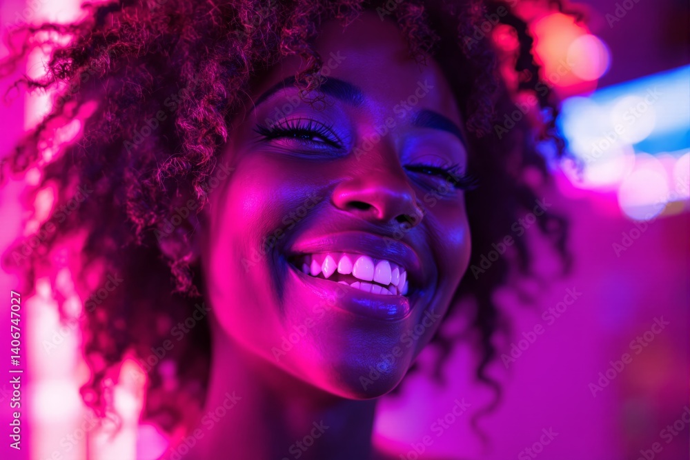 Poster close-up of joyful woman smiling under neon light in vibrant setting with colorful blurred backgroun