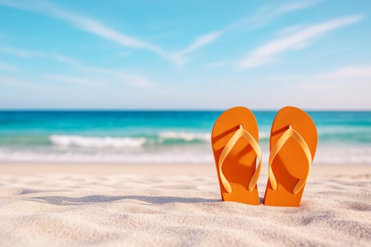 Orange flip flops standing in sand on sunny beach with turquoise sea and blue sky in soft background, symbolizing summer vacation mood.