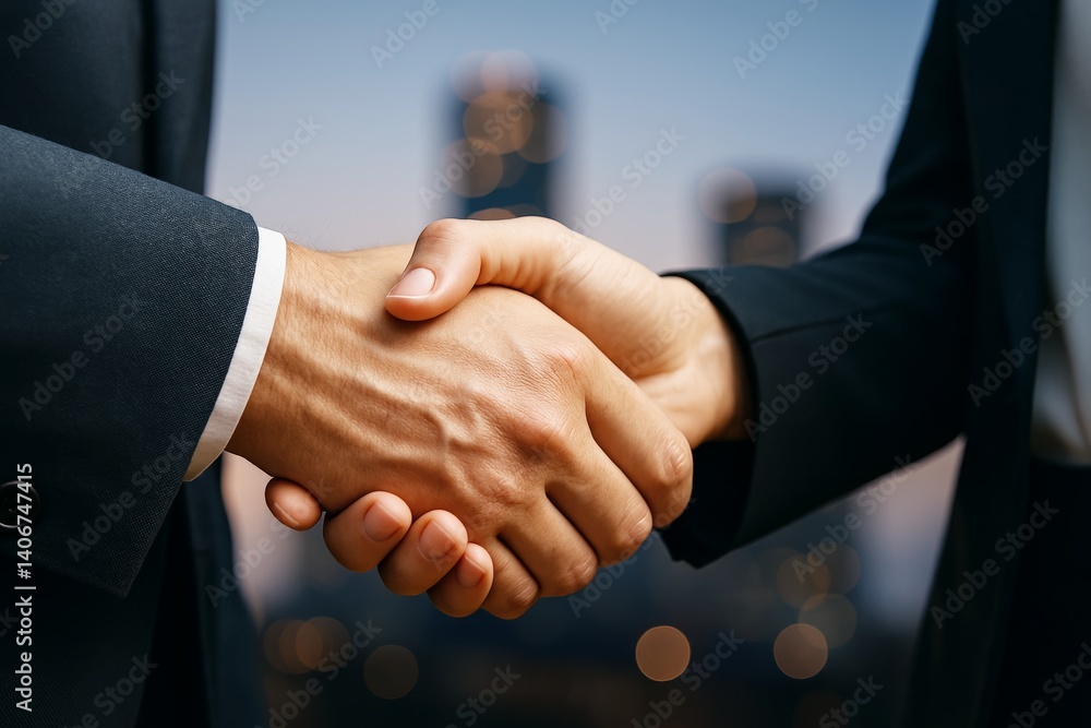 Poster closeup of businesspeople shaking hands in agreement against abstract blurred city background with s