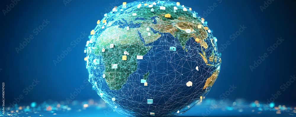 Poster low polygon globe map with social icons wireframe mesh on blue background