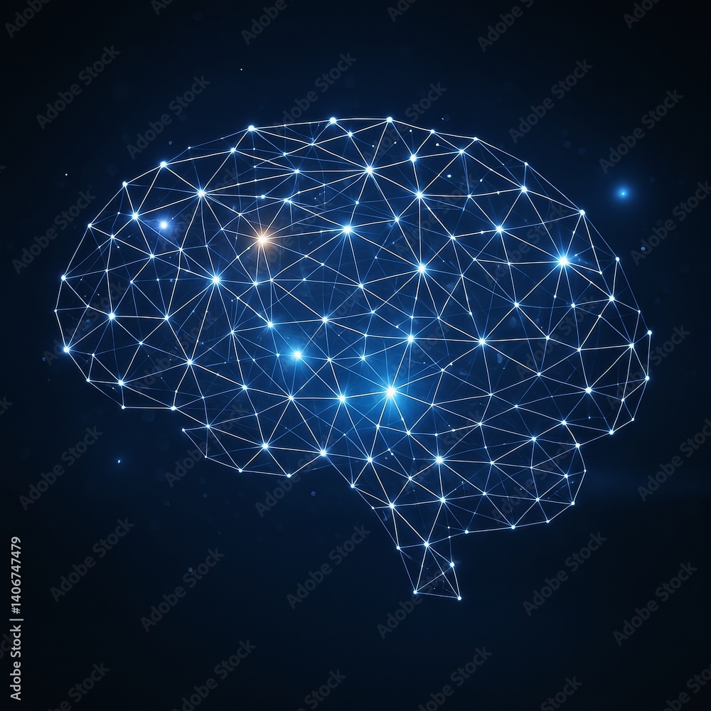 Aufkleber Glowing neural network brain symbol made of connected blue light nodes on dark background representing modern mind and brainstorming concept.