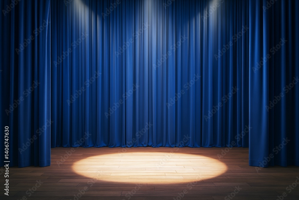 Poster empty wooden stage with spotlight and blue closed curtains in theater scene concept for presentation