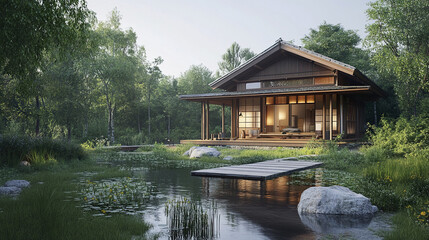 Japanese style house with natural materials by serene pond