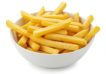 Crispy golden French fries in white ceramic bowl on white background