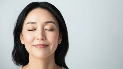 Fototapeta premium Portrait of gorgeous happy middle aged mature cheerful asian woman, senior older 50s lady pampeher hair eyes closed isolated on white. Ads of lifting anti wrinkle skin hair care spa. Copy space.