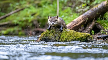 Playful kappa sliding on rock serene riverbank wildlife photography lush greenery close-up view nature exploration