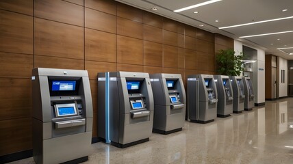 A high-resolution image of a modern bank interior with rows of ATMs and clean counters