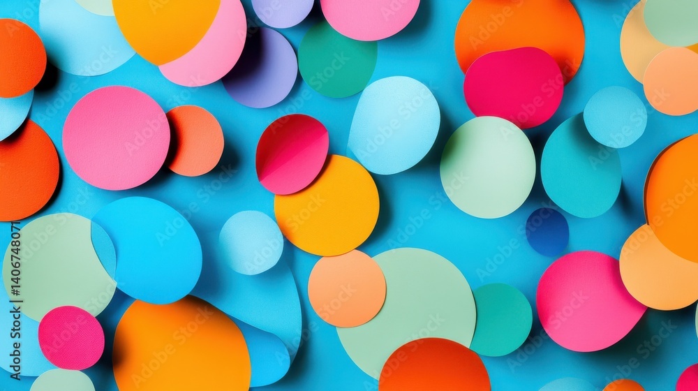 Poster a colorful array of paper cutouts of speech bubbles on a blue background. the speech bubbles are of 