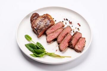 A perfectly cooked sliced striploin steak with a juicy, tender texture