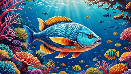 Blue Fish Swimming in Ocean with Coral Reef and Other Fish