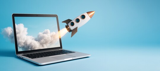Creative rocket launching from laptop screen on light blue background symbolizing startup growth, success, and business technology concept.