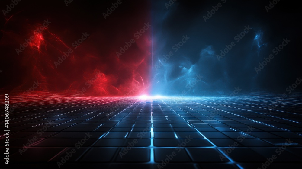 Poster a dark, futuristic scene with a grid floor and a blue and red light source emanating from the center
