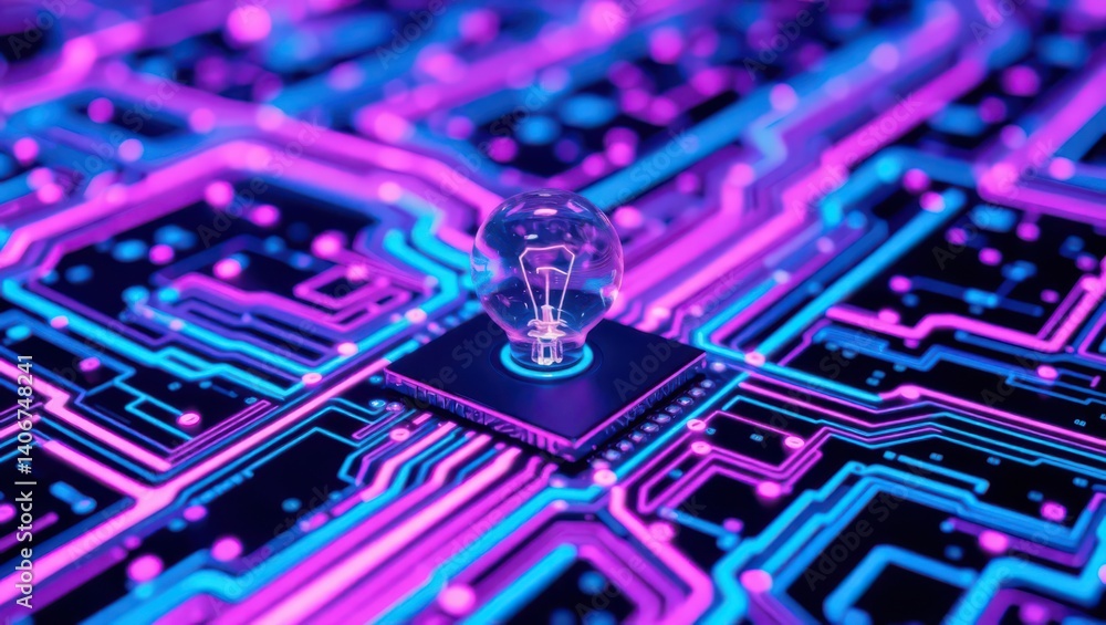 Poster lightbulb on circuit board concept for technology innovation and artificial intelligence development