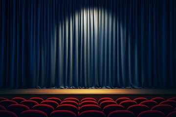 Empty theater stage with spotlight on closed blue curtain and red seats in foreground, perfect mockup for dramatic or business presentation scene.