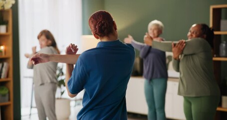 Exercise, stretching or yoga with instructor and old people in assisted living apartment for wellness. Community, fitness or workout with coach and senior group in retirement home for mobility
