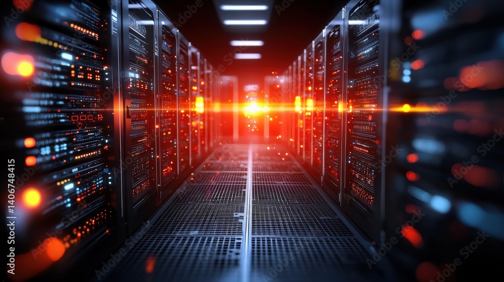 Poster data center operations modern facility technology infrastructure high-tech environment dynamic persp