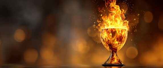 Fiery golden chalice, flames dancing. Mystical, glowing light fills the cup, golden bokeh backdrop