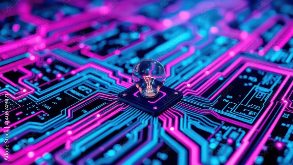 Poster light bulb on circuit board technology innovation concept creative idea iot ai future tech design