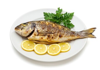 Whole grilled fish on white plate garnished with lemon and herbs isolated on white background